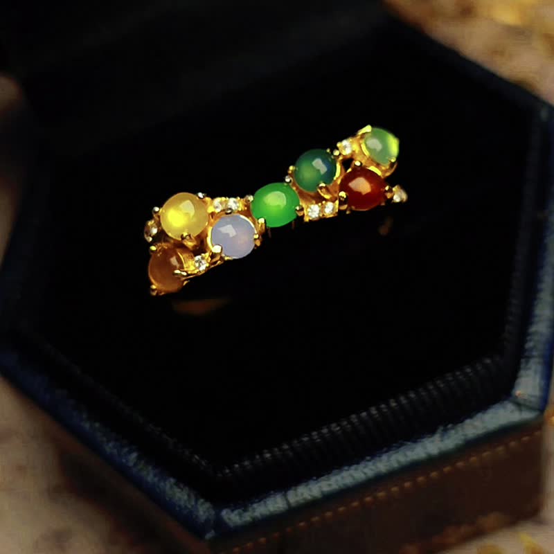 招财•转运|马卡龙冰玻放光多宝彩虹|缅甸A货翡翠纯银蝴蝶结戒指 - 戒指 - 玉石 