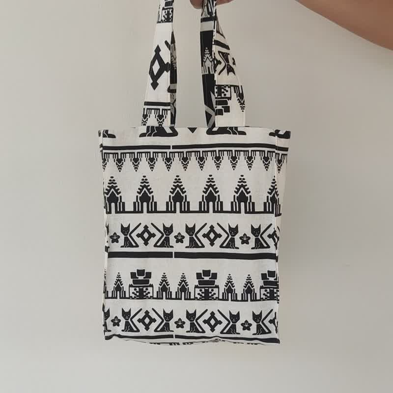 DB Black Cat Bag - 双面手提包印花白米黑象 - 手提包/手提袋 - 棉 黑色