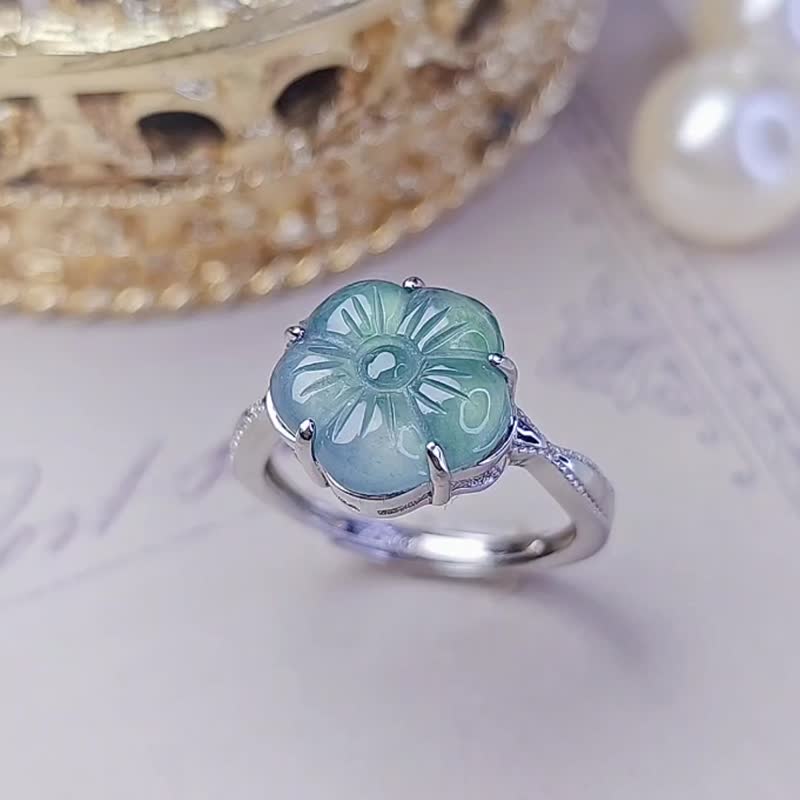 有钱花|渐变春彩蓝花|A货翡翠冰玻蓝梅花纯银简约戒指 - 戒指 - 玉石 