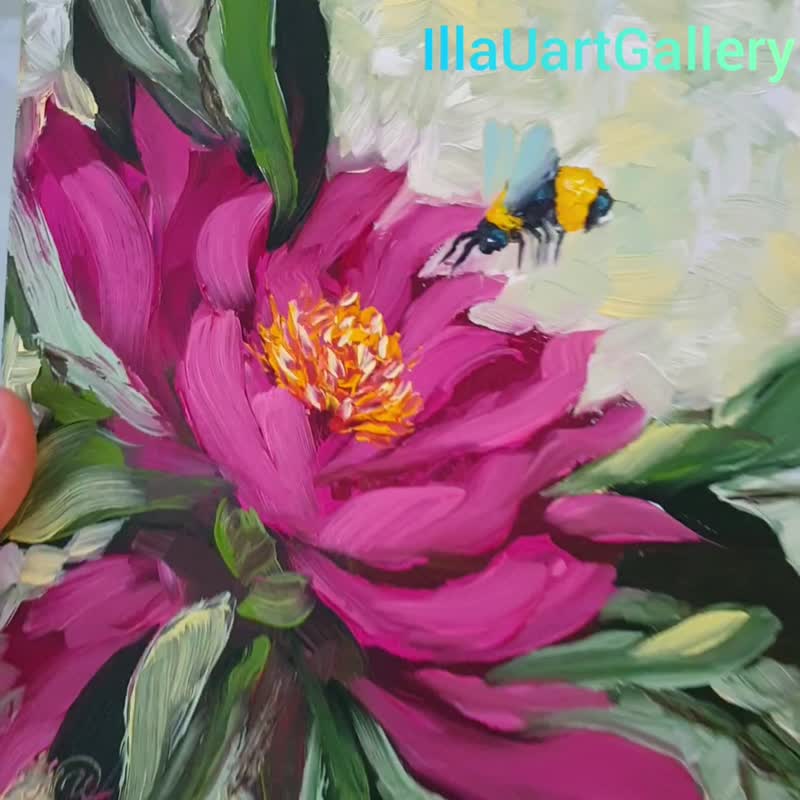 Bee Painting Floral Original Art Tropical Wall Art Flower Small Oil Painting - 海报/装饰画/版画 - 其他材质 多色