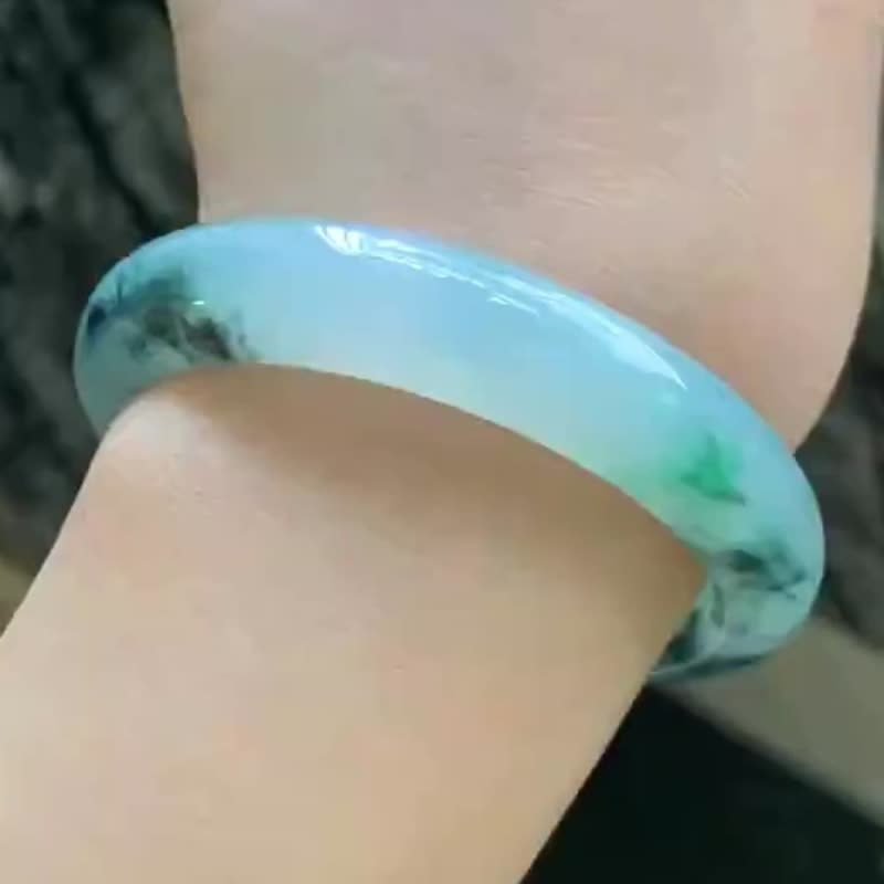 冰种翡翠天然翡翠玉镯A玉手镯 玉鈪 • 冰种青苔飘花翡翠福镯 - 手链/手环 - 玉石 绿色