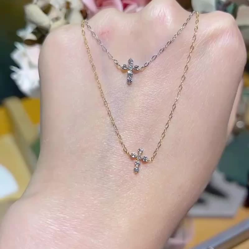 日本制 15分真钻 18k 白k金/黄k金 小十字架项链 cross情人节 - 颈链 - 贵金属 金色