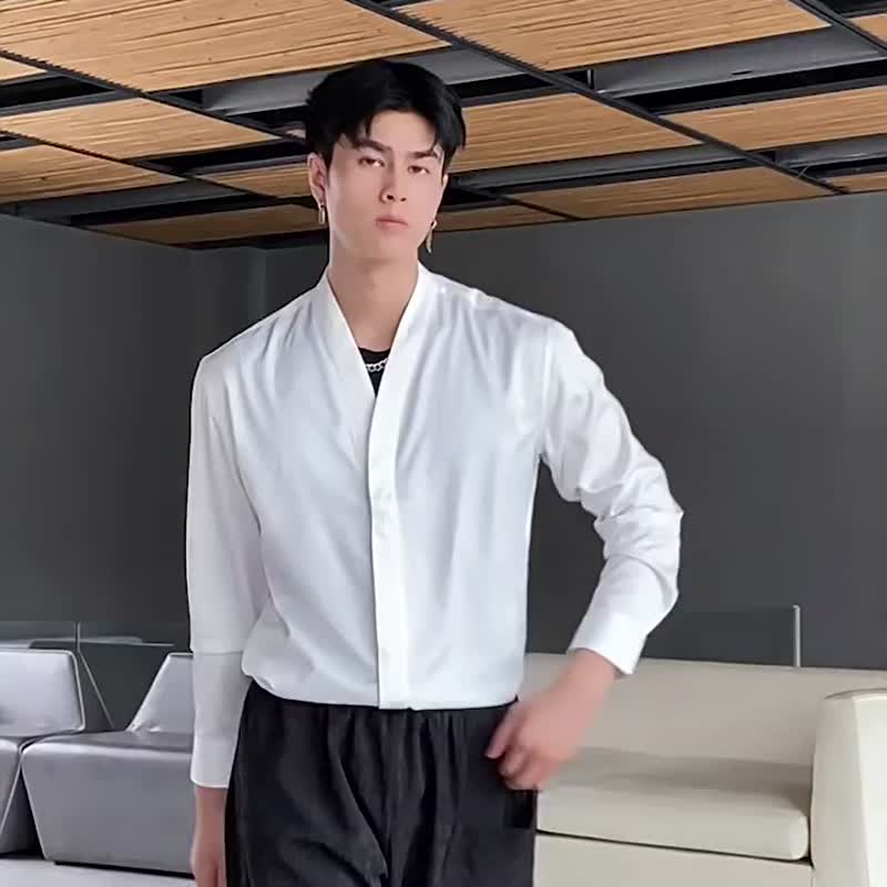 【推荐】春季V领休闲长袖衬衫 男士上衣 - 男装衬衫 - 聚酯纤维 黑色