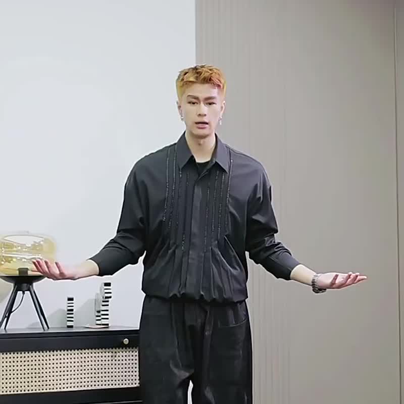 【推荐】秋季亮片织带长袖衬衫 设计感男士休闲衬衣 - 男装衬衫 - 聚酯纤维 黑色