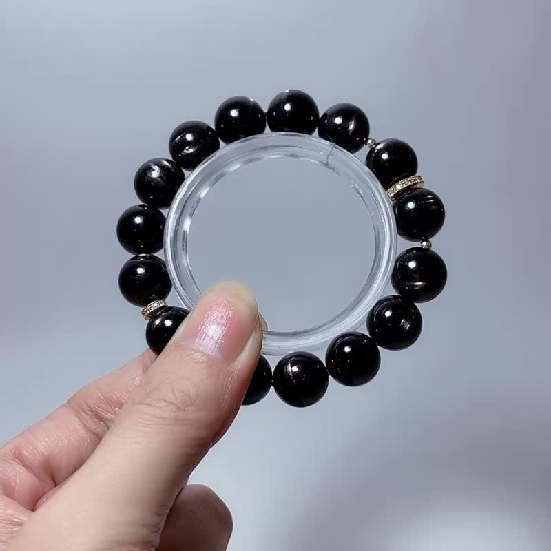 天然矿石 顶级 金运石 12 mm 手链 - 手链/手环 - 宝石 黑色