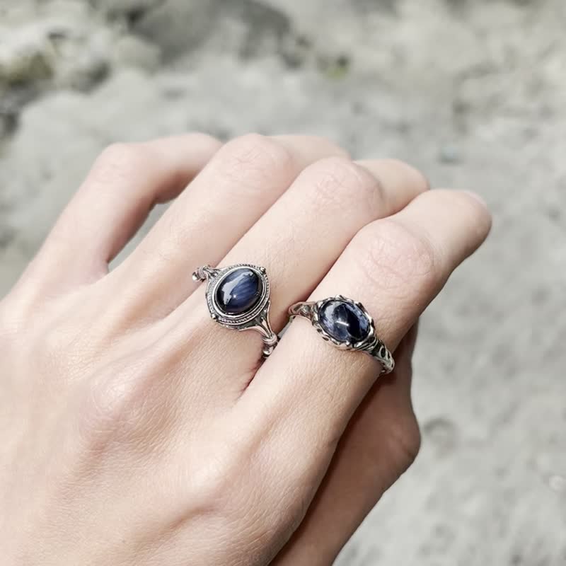 喜迎瑶 925银 彼得石 蓝彼得 天然石 活口 戒指 手工银饰 复古风 - 戒指 - 水晶 银色