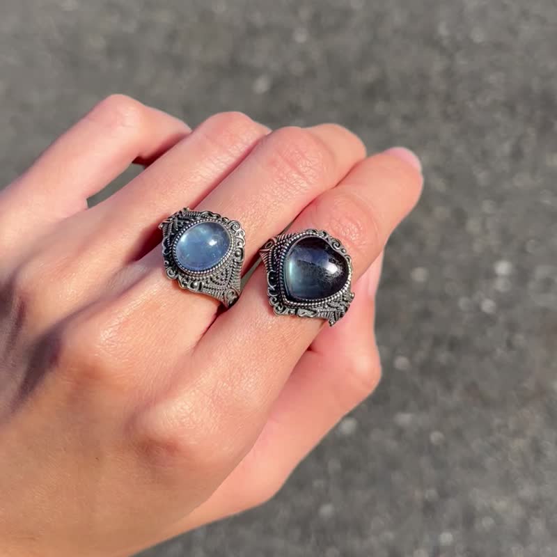 喜迎瑶 925银 海蓝宝 天然石 活口 戒指 民族风 复古 男女 嬉皮 - 戒指 - 水晶 银色