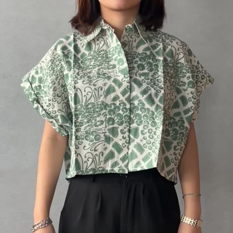 印尼蜡染可爱少女风短版衬衫 PUPUT - 薄荷菇 - PUP025 - 女装上衣 - 棉．麻 绿色
