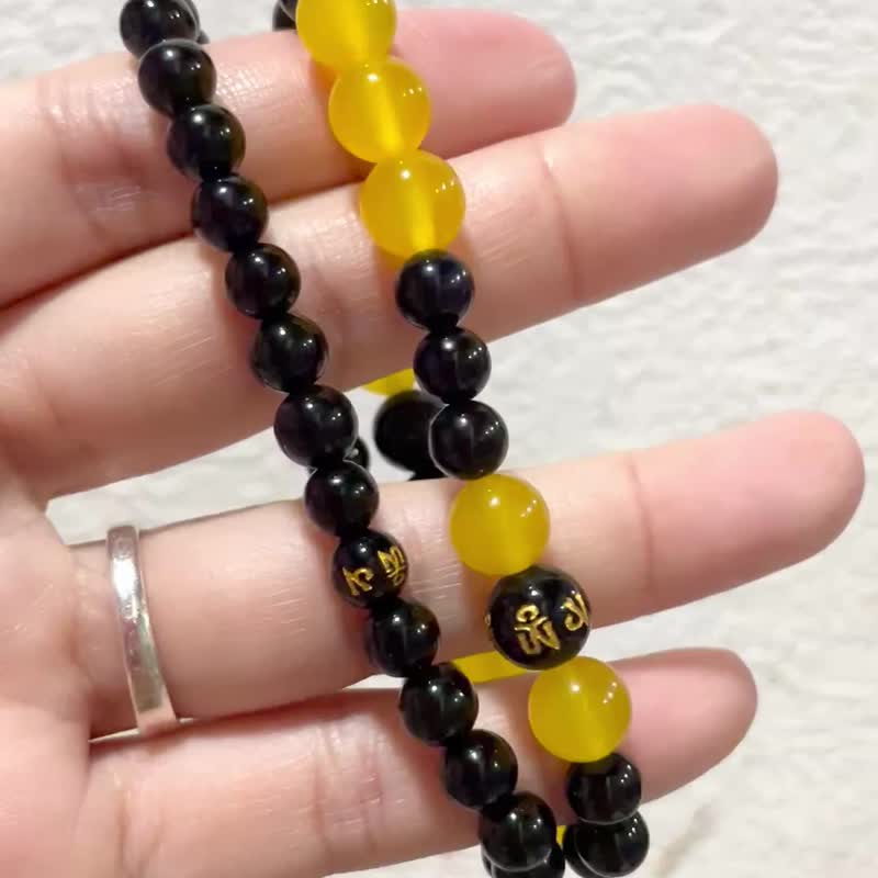 明星同款设计 鎏光曜金【黑黄玛瑙真言套组手串】日月真言 - 手链/手环 - 水晶 多色