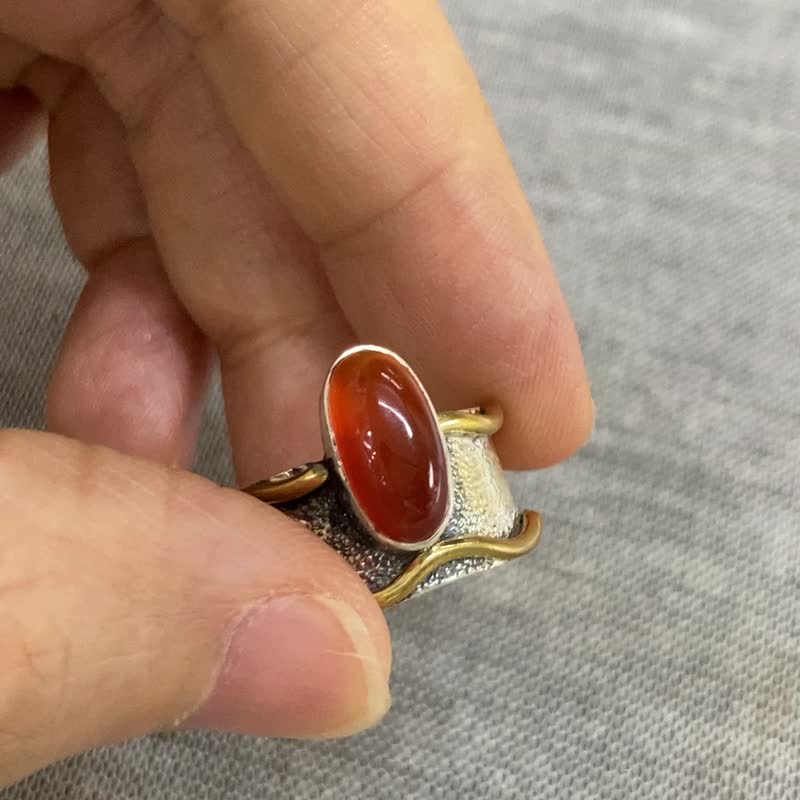 天然 橘色玛瑙 戒指 尼泊尔 手工制 925纯银 黄铜 - 戒指 - 玉石 橘色