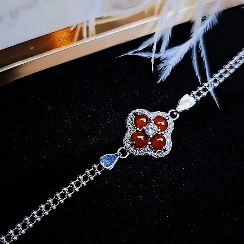 |鸿运美人|A货翡翠冰玻鲜红翡蛋面3.8mm纯银镀18k四叶草手链 - 手链/手环 - 玉石 