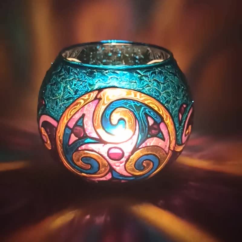 Celtic Spirals Glass Candle Holder Tealight Holder Turquoise Purple Votive - 蜡烛/烛台 - 玻璃 紫色