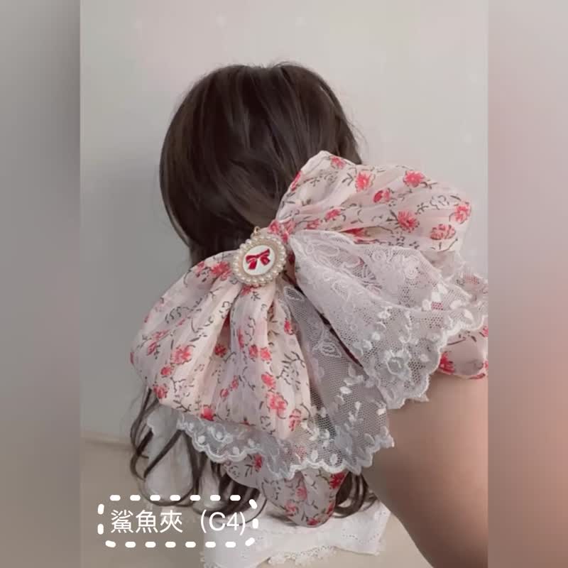 雪纺蕾丝大蝴蝶结鲨鱼夹 香蕉夹 发夹 马尾夹 抓夹 相交夹 发圈 - 发饰 - 其他材质 粉红色