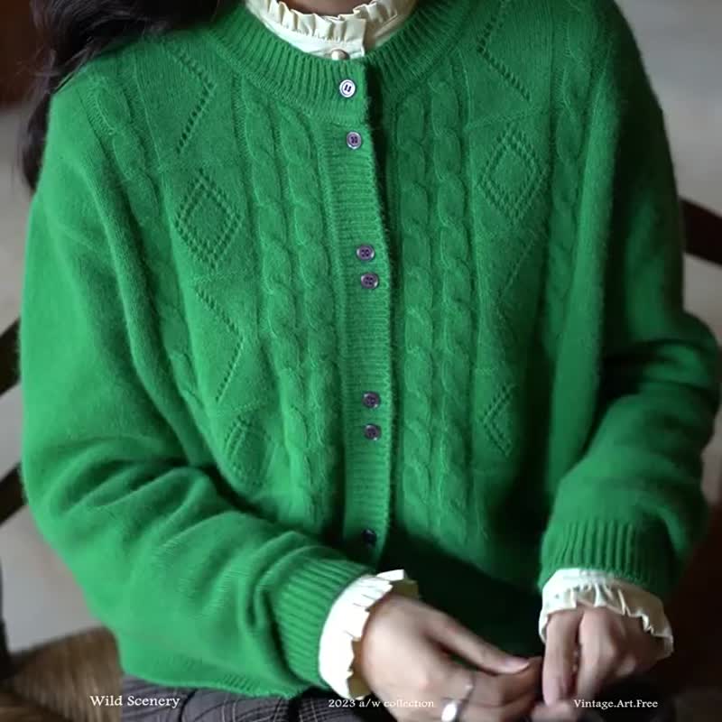 松綠色 法式復古兔毛絞花針織開衫外套 圓領秋冬針織毛衣 - 女装针织衫/毛衣 - 羊毛 绿色