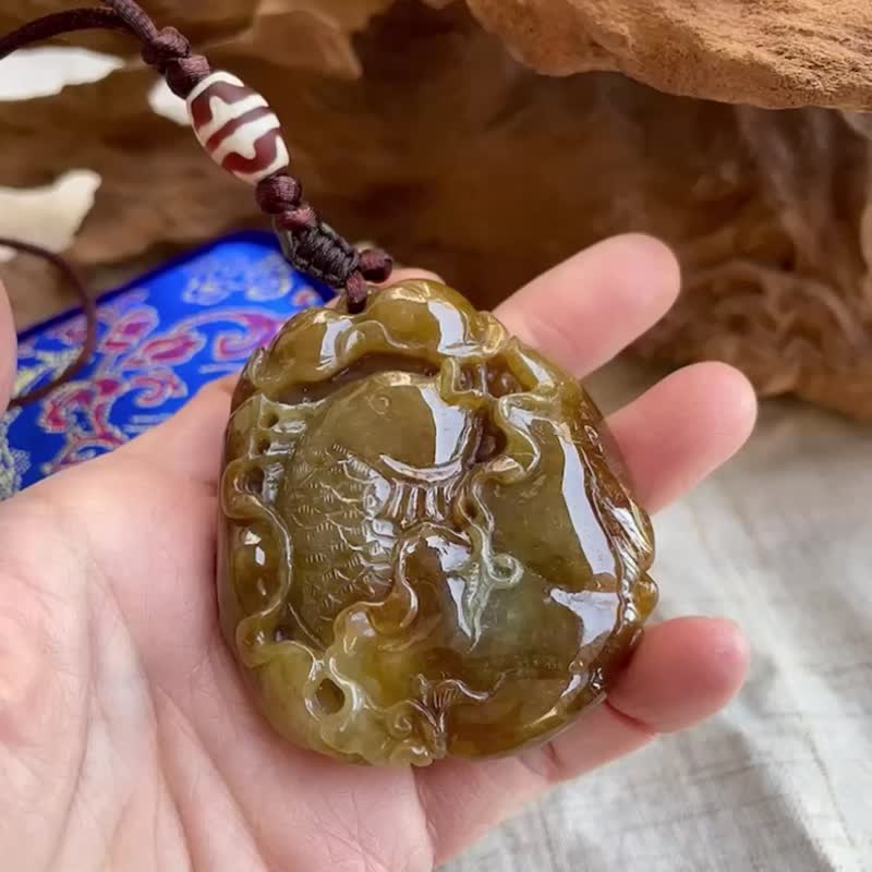 【连年有余】天然缅甸翡翠-满色无烧红翡双面雕鲤鱼挂件 - 其他 - 玉石 红色