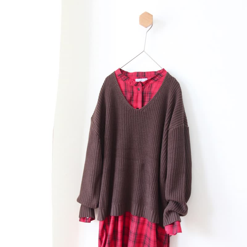 VivianV領針織小開衩舒適毛衣 - 女装针织衫/毛衣 - 其他人造纤维 卡其色