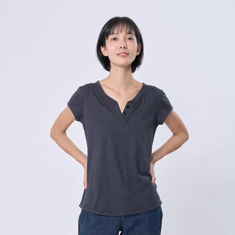 星彩棉小开襟双扣T恤上衣黑 - 女装 T 恤 - 棉 黑色
