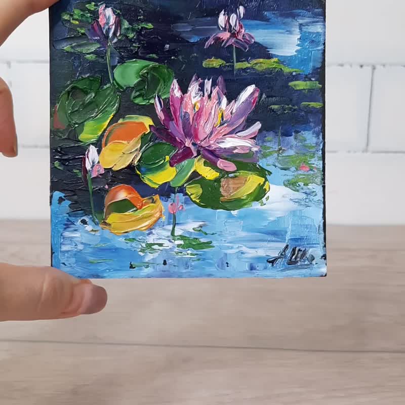 Water lily painting Pond painting Original oil painting Small painting Flower - 海报/装饰画/版画 - 其他材质 多色