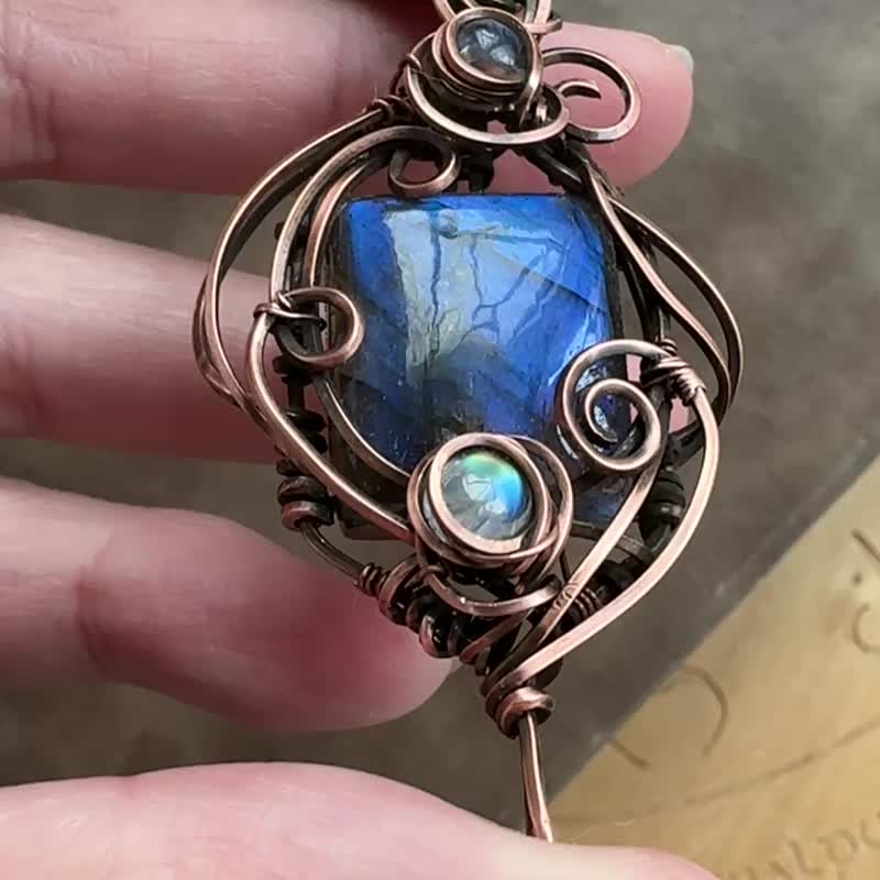 WW321 全手工编织 绕铜线复古做旧 wire wrap 拉长石 月亮石吊咀 - 项链 - 铜/黄铜 咖啡色