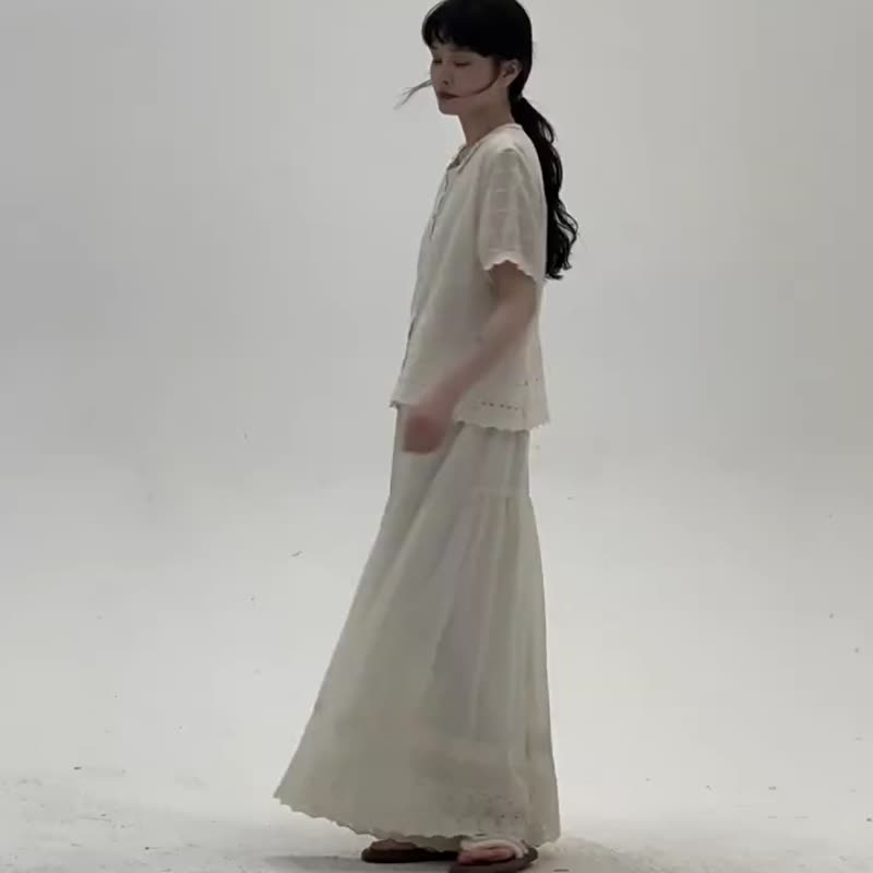 杏色 刺繡闊腿裙褲 森系蕾絲寬松闊腿寬褲 日系褲裙 - 女装长裤 - 棉．麻 白色