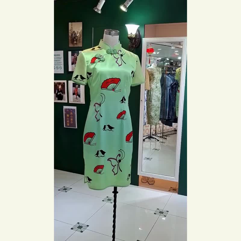 VINTAGE 悦裳 新式改良复古旗袍 渐变绿色图案短旗袍 连身裙 - 旗袍 - 棉．麻 绿色