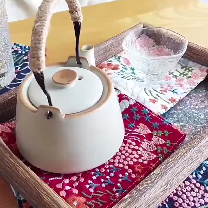 日式双面刺绣棉麻杯垫方形隔热垫盆栽装饰垫花瓶垫茶杯垫 - 杯垫 - 棉 