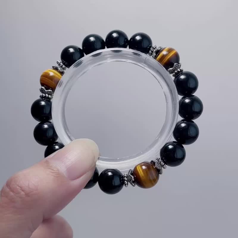 极度避邪 天然矿石 黑碧玺 10 mm 黄虎眼 925纯银 手链 - 手链/手环 - 半宝石 黑色