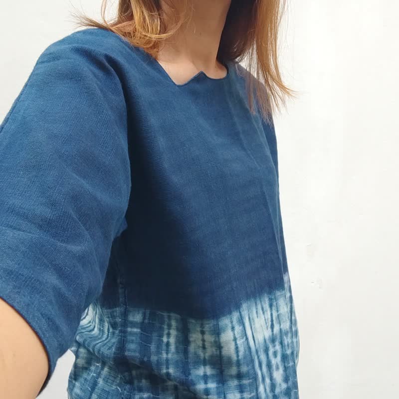Notch - 凹口船领肘袖夏季靛蓝色扎染上衣 - 女装上衣 - 棉．麻 蓝色