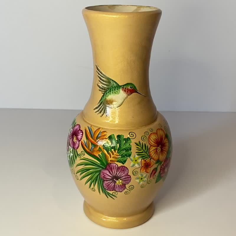 花瓶蜂鸟，家居室内装饰，金色，雀花画 - 摆饰 - 木头 金色