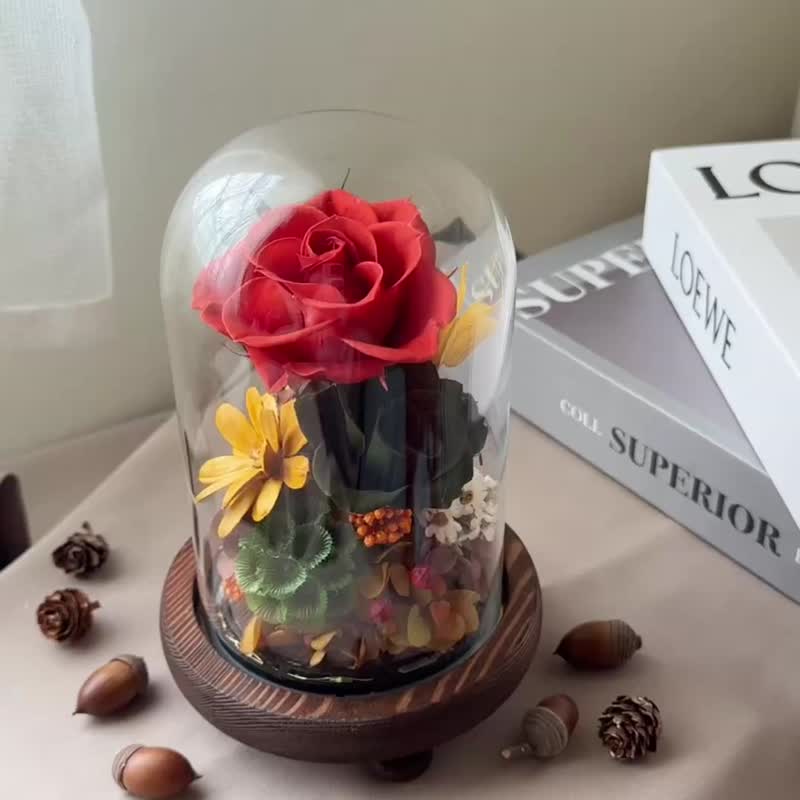 莳漫花间－红叶幽林 玻璃盅 永生玫瑰 交换礼物 开幕礼物 永生花 - 干燥花/捧花 - 植物．花 橘色