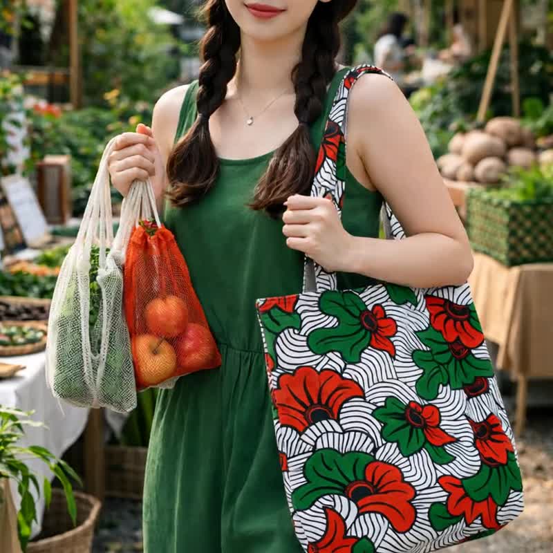 橘绿色调花卉图案棉质托特包，非洲风格手工制作。 - 手提包/手提袋 - 棉 绿色