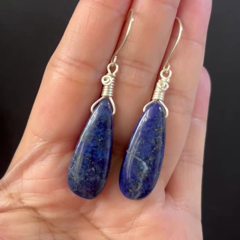 手工绕线 青金石 天然水晶  S925银耳勾 - 耳环/耳夹 - 水晶 蓝色