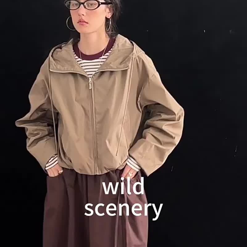 黑色/卡其 時間旅行者 山系廓形連帽夾克 抽繩短款夾克沖鋒衣外套 - 女装休闲/机能外套 - 其他人造纤维 卡其色