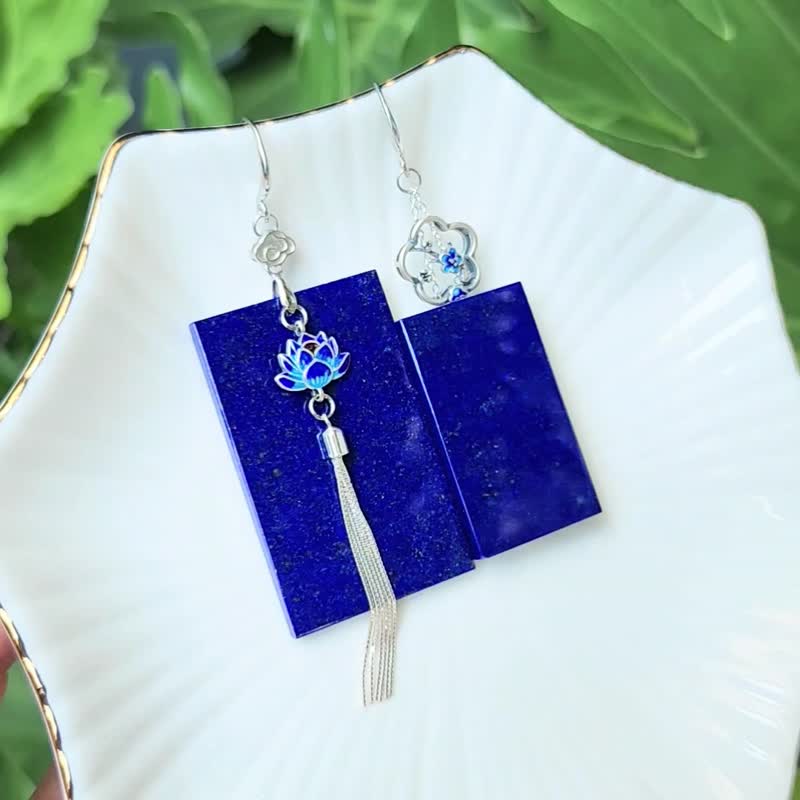 顶级 帝王青 青金石 无饰牌 莲 喜上梅梢 富贵 事业 耳环 单品 - 耳环/耳夹 - 宝石 蓝色