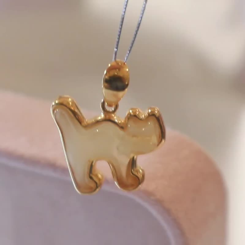 925 silver AMBER 猫咪 吊坠项链 - 项链 - 宝石 金色