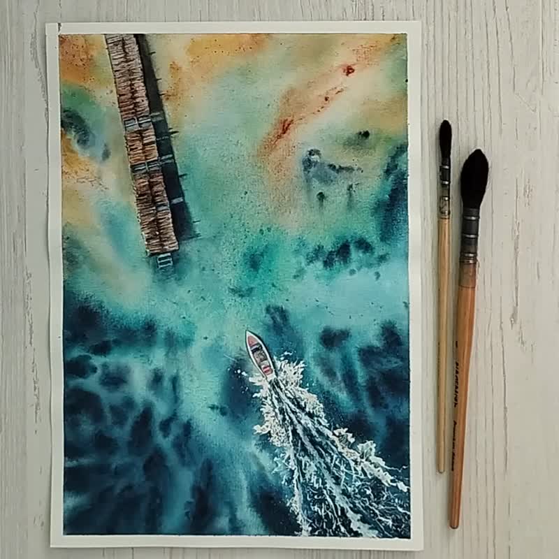 Original Watercolor Painting Pier Scenery Seascape Fishing Boat Artwork - 海报/装饰画/版画 - 纸 多色