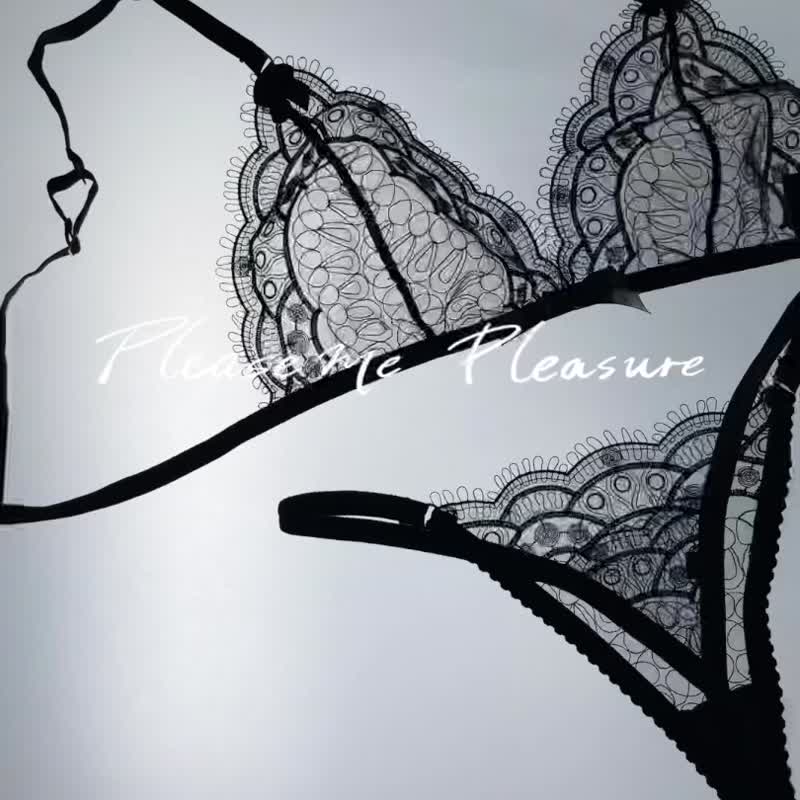 PleaseMe Pleasure 性感蕾丝法式内衣无钢圈大胸显小薄款胸罩美背 - 女士内衣裤 - 聚酯纤维 黑色