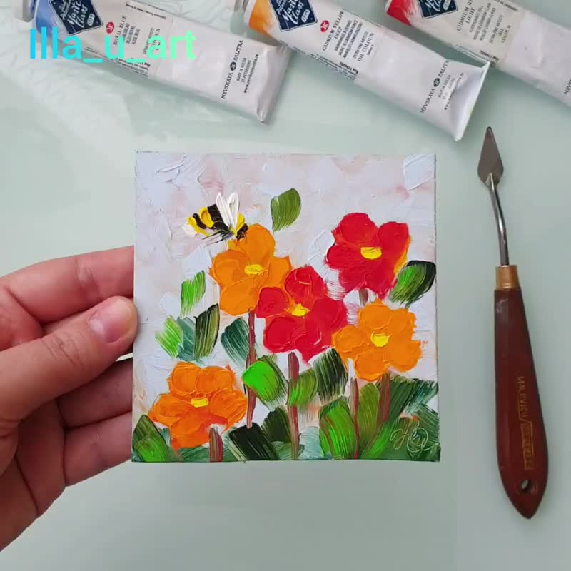 Bee Painting Poppy Original Art Floral Wall Art Flower Artwork Impasto Painting - 海报/装饰画/版画 - 其他材质 多色