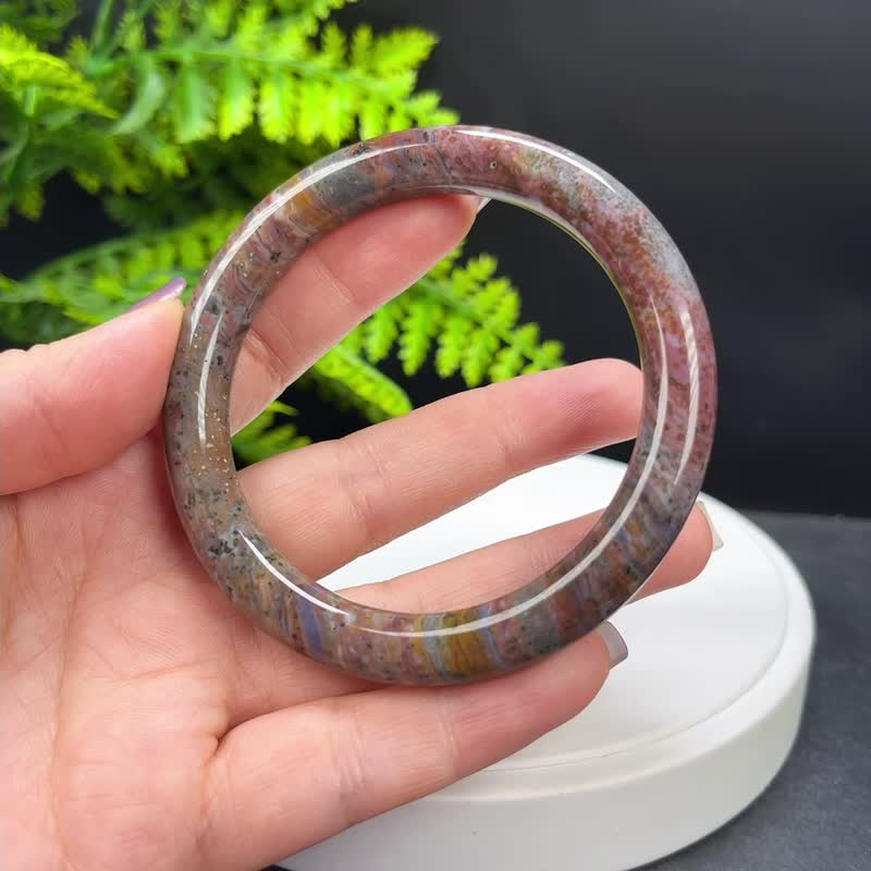 海洋碧玉手镯 60MM 冰润高瓷玉化 千层多彩圆条玉髓手环 清新脱俗 - 手链/手环 - 半宝石 