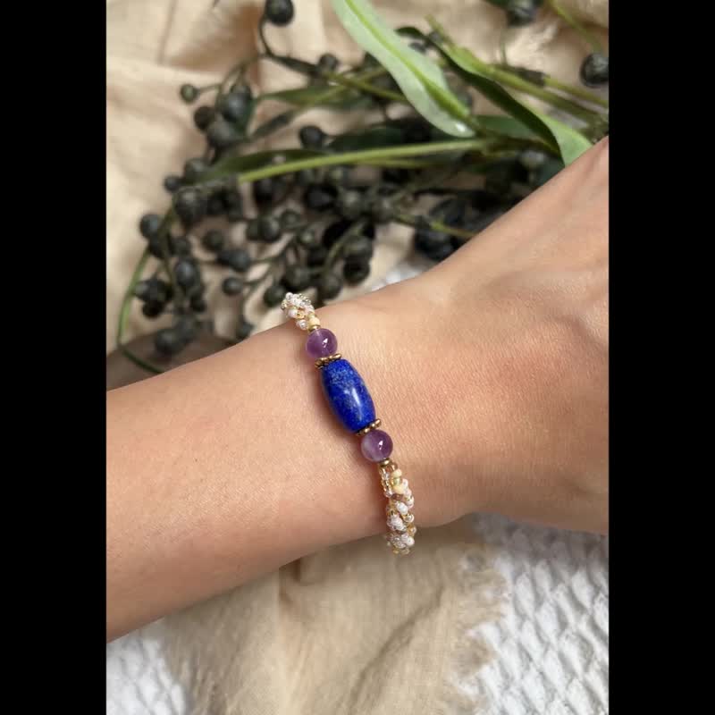 青金石 紫水晶 玻璃米珠x天然石 串珠手链 - 手链/手环 - 水晶 蓝色