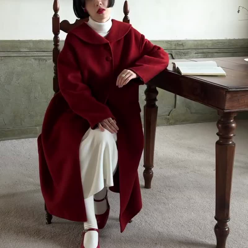 新年好運紅色毛呢大衣外套 中長款秋冬呢料大衣 - 女装休闲/机能外套 - 羊毛 红色