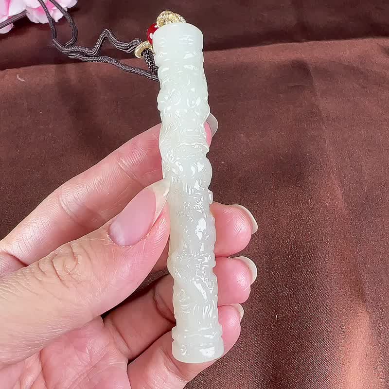 秒杀价 天然新疆和田玉羊脂玉金龙盘玉柱吊坠 玉质细腻温润 - 吊饰 - 玉石 