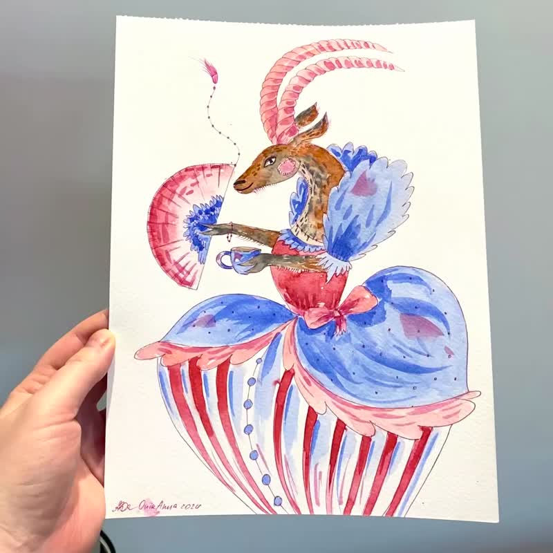 手绘水彩可爱山羊插画有趣的山羊礼物海报 - 海报/装饰画/版画 - 纸 粉红色