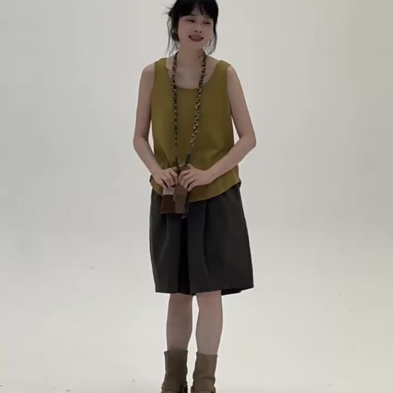 2顏色 中性寬松休閒短褲 簡約基礎款寬松五分褲 春夏中褲 - 女装短裤 - 棉 卡其色