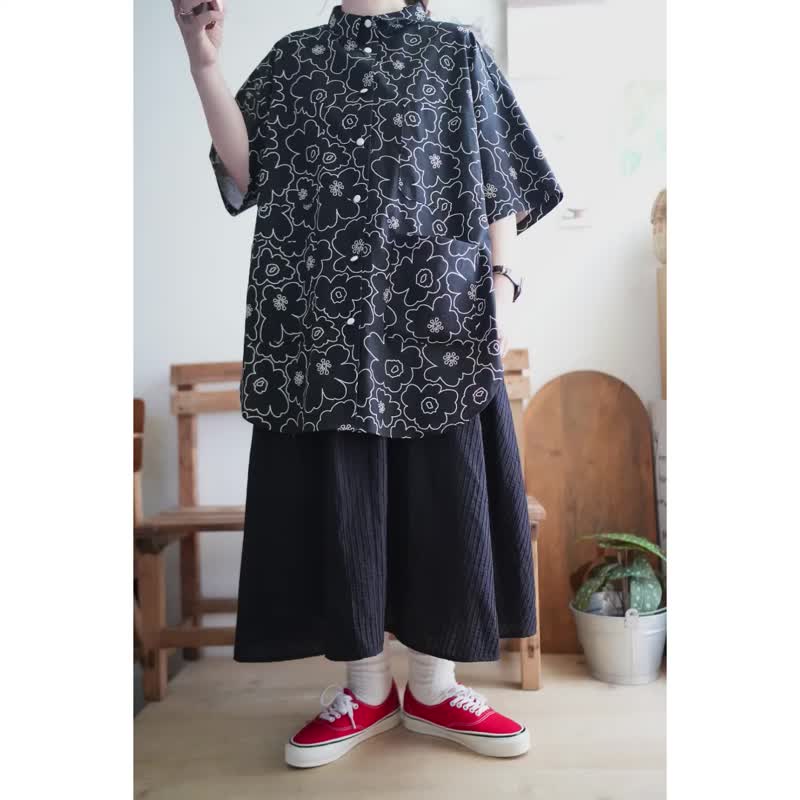 黑色棉麻白线花装衬衫短袖 - 女装衬衫 - 棉 黑色