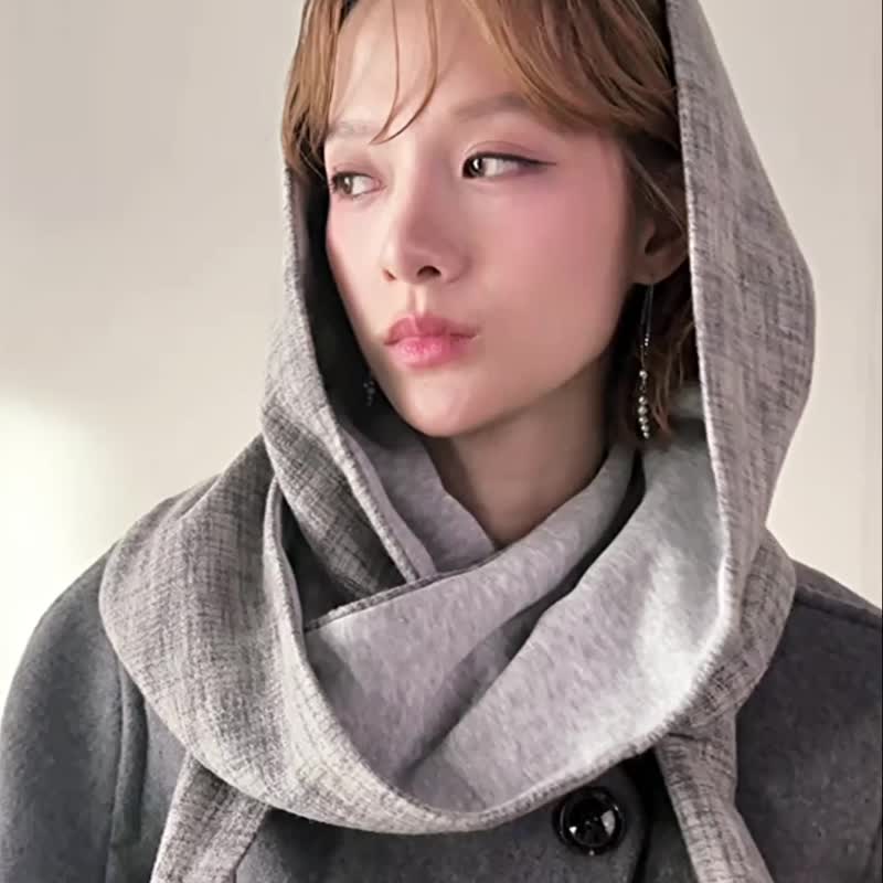 Mist 系列 - 银慕 * 灰色 十字纹 混织毛料 棉料 围巾 连帽围巾 - 围巾/披肩 - 其他人造纤维 灰色