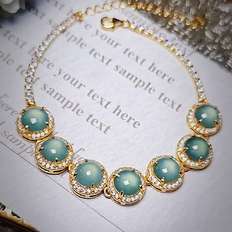 福利|梦幻马卡龙蓝|a货翡翠冰玻晴蓝大蛋面7mm纯银镀18k黄手链 - 手链/手环 - 玉石 