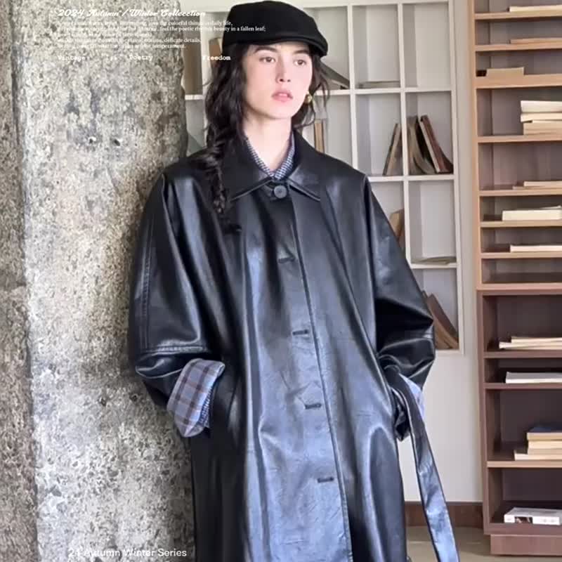 黑色 天才女友 英倫復古廓形感長款皮風衣 PU環保皮大衣外套 - 女装休闲/机能外套 - 人造皮革 黑色