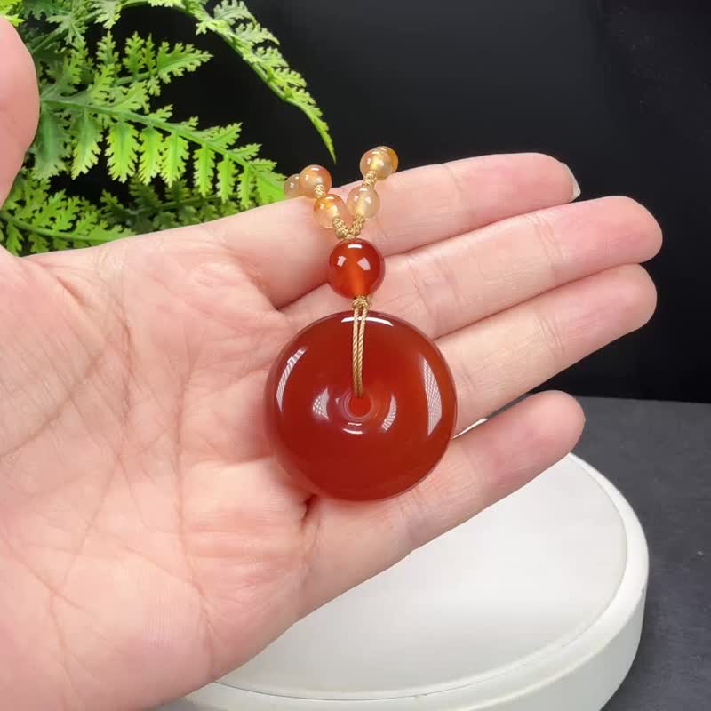 红玛瑙吊坠项链 冰润起刚手工雕刻平安扣 雅致高贵气质 保佑平安 - 项链 - 半宝石 红色