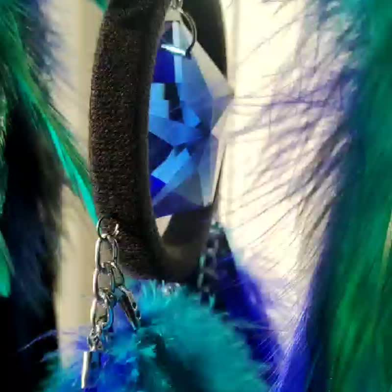 手工蓝色和绿松石羽毛捕梦网，大号波西米亚捕梦网 - 墙贴/壁贴 - 玻璃 蓝色